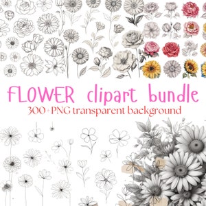 Blumen Linie Kunst Clipart Bundle, Frühlingsblume botanische Illustrationen Set, dekorative Hochzeitspflanzen, kommerzielle Nutzung PNG SVG