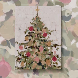 May include: An abstract painting of a Christmas tree with red, pink, and gold ornaments. The tree is green with a gold star on top. The background is a light, textured white.
