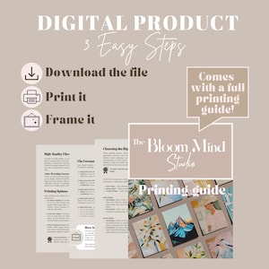Puede incluir: Gr&aacute;fico beige con el texto "DIGITAL PRODUCT" y "3 Easy Steps". Las instrucciones incluyen descargar, imprimir y enmarcar. La imagen tambi&eacute;n presenta una "Gu&iacute;a de impresi&oacute;n" de "The Bloom Mind Studio".