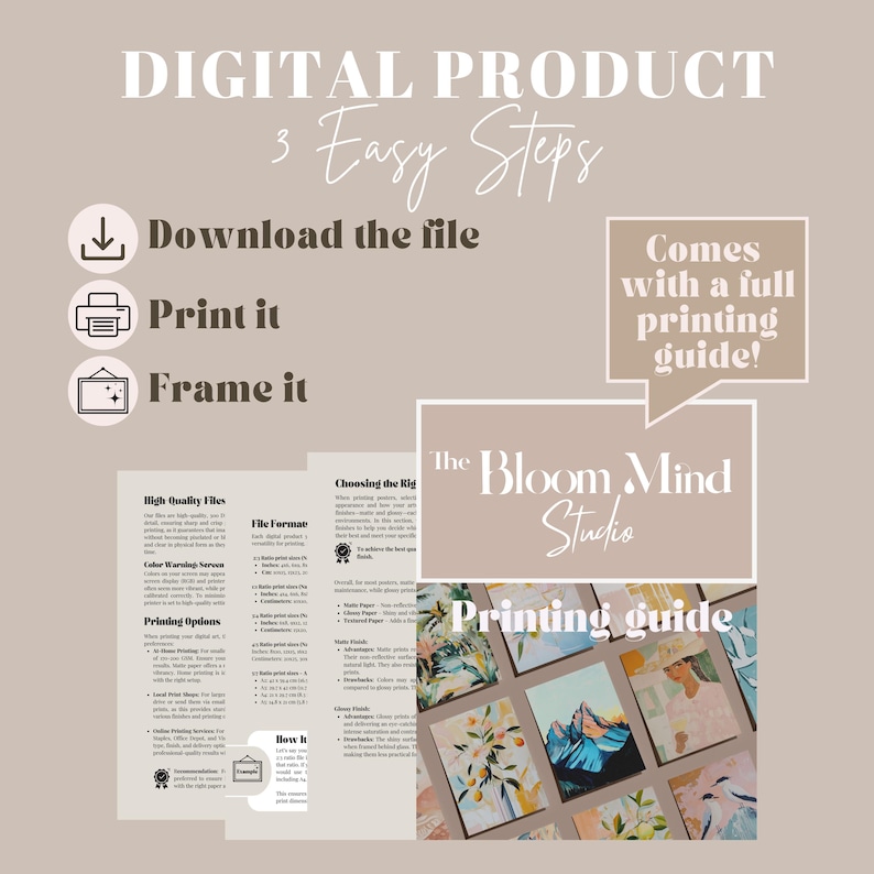 Puede incluir: Gr&aacute;fico beige con el texto "DIGITAL PRODUCT" y "3 Easy Steps". Las instrucciones incluyen descargar, imprimir y enmarcar. La imagen tambi&eacute;n presenta una "Gu&iacute;a de impresi&oacute;n" de "The Bloom Mind Studio".