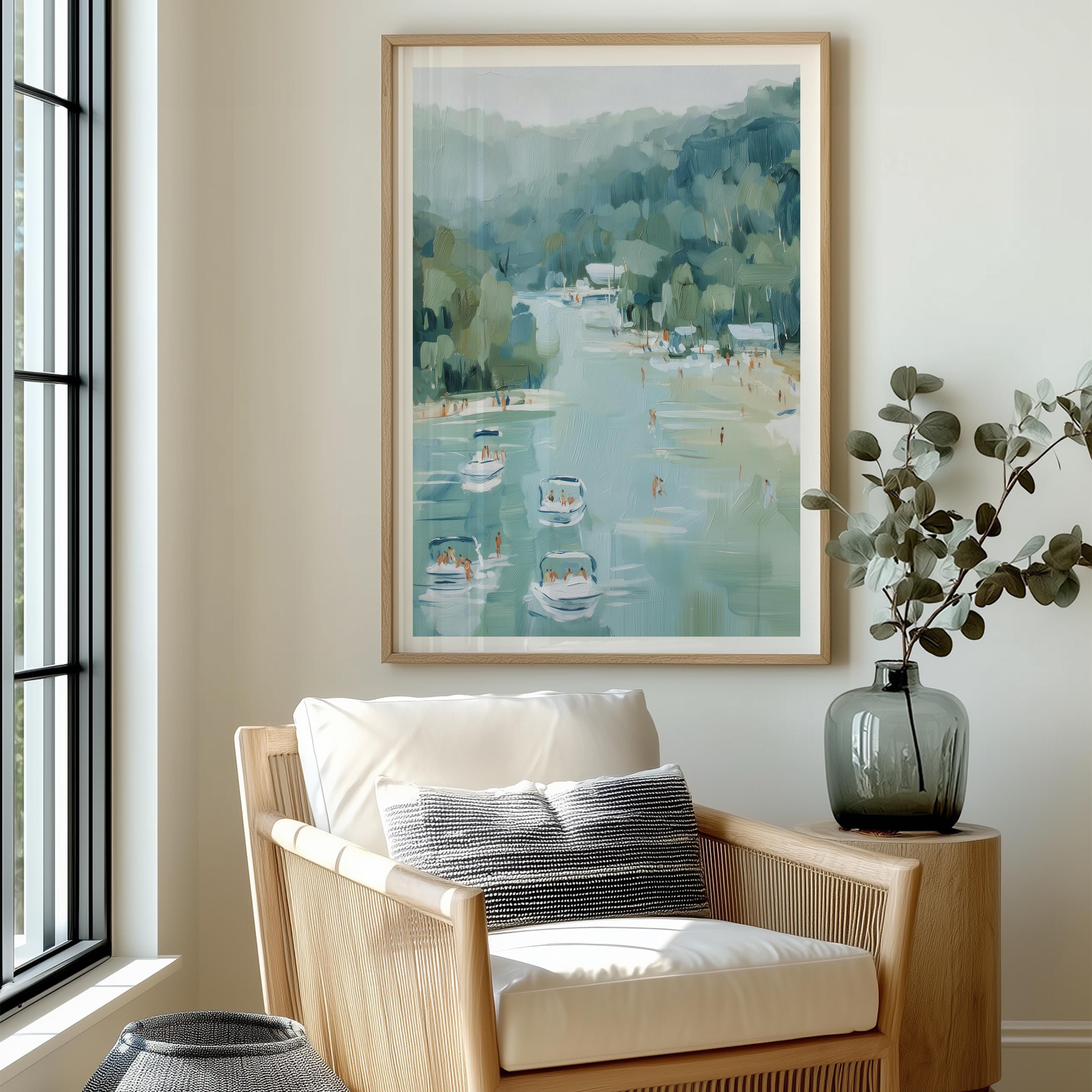 Lake River Landscape Painting Serene Summer Boat Day Cabin Wall Art ...