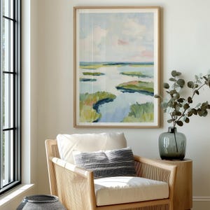Coastal Marsh Landscape Painting Serene Water Horizon Wetlands Pastel Sky Seaside Artwork Print image 6
