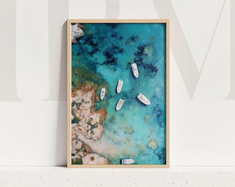 Mediterranean Boats Aerial Coastal Wall Art Ocean Turquoise Seaside Painting Summer Beach Home Decor