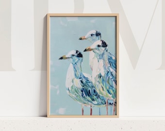 Impresión artística de aves costeras: pintura digital de un trío de gaviotas para decorar la pared de una casa de playa