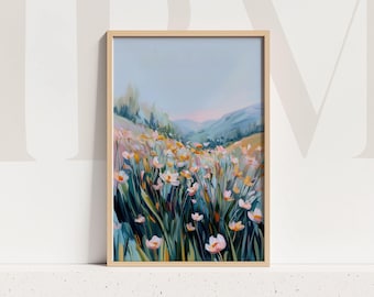 Wildflower Meadow Art Print: Pastel Spring Landscape (Digital Download)