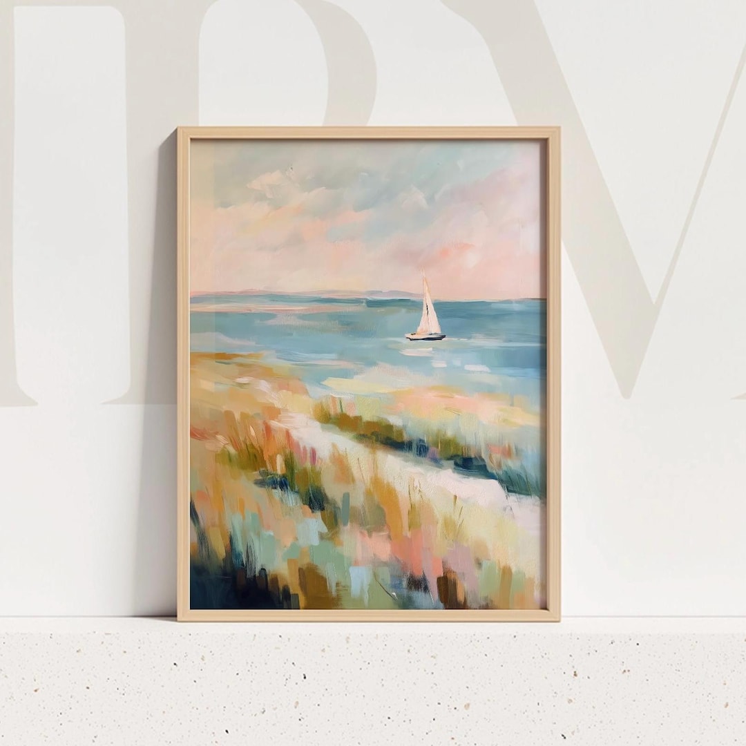Sailboat Seascape Print Abstract Coastal Wall Art Pastel Ocean Painting ...