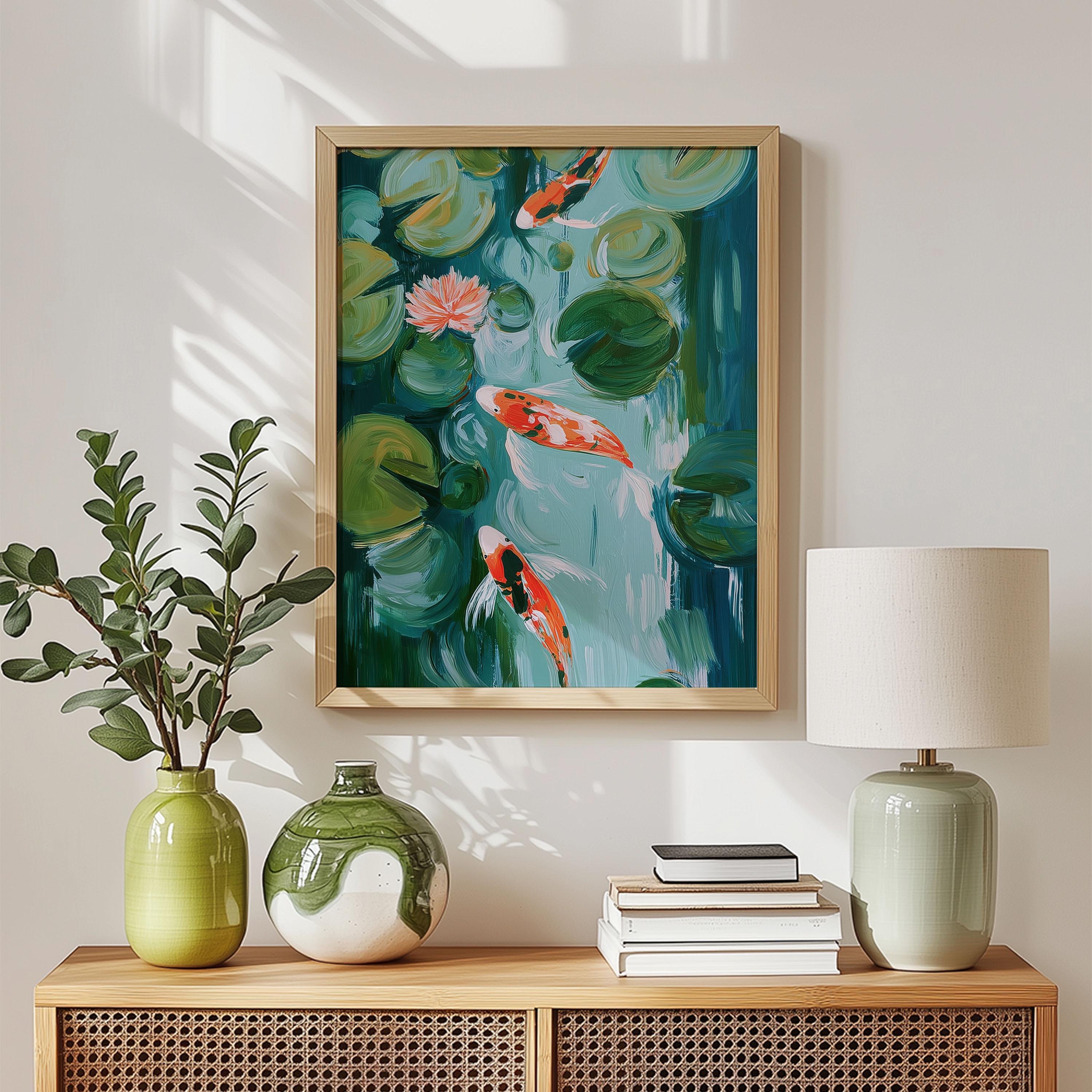 Koi Fish Lily Pond Wall Art Japanese Water Garden Painting Living Room ...