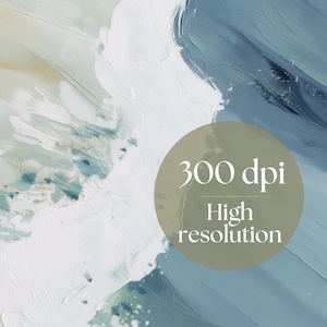 Puede incluir: Impresi&oacute;n art&iacute;stica abstracta con un efecto de pincelada texturizada. La obra presenta una paleta de tonos blancos, azules y verdes apagados. Un gr&aacute;fico circular indica "300 dpi Alta resoluci&oacute;n".