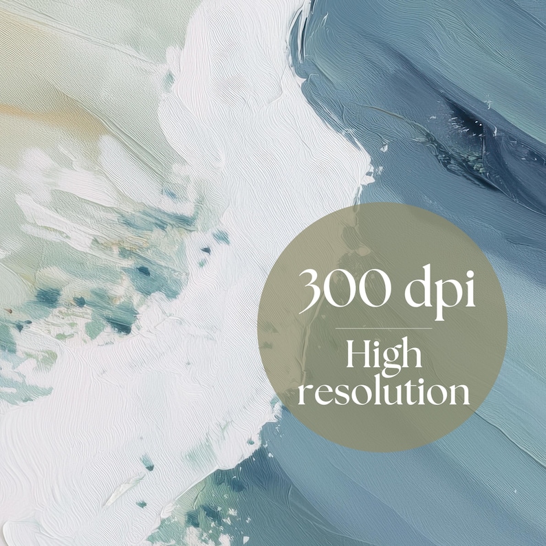 Puede incluir: Impresi&oacute;n art&iacute;stica abstracta con un efecto de pincelada texturizada. La obra presenta una paleta de tonos blancos, azules y verdes apagados. Un gr&aacute;fico circular indica "300 dpi Alta resoluci&oacute;n".