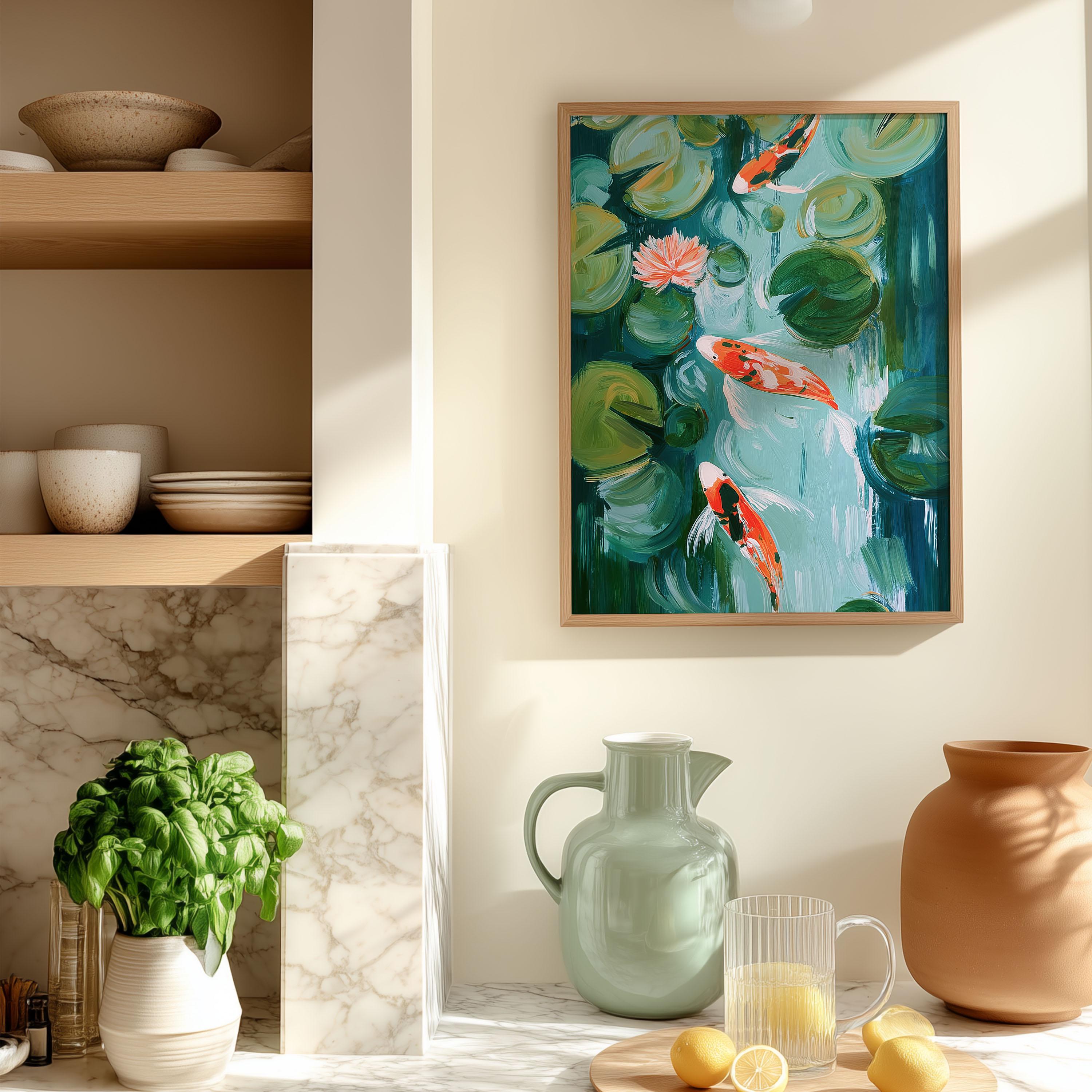 Koi Fish Lily Pond Wall Art Japanese Water Garden Painting Living Room ...