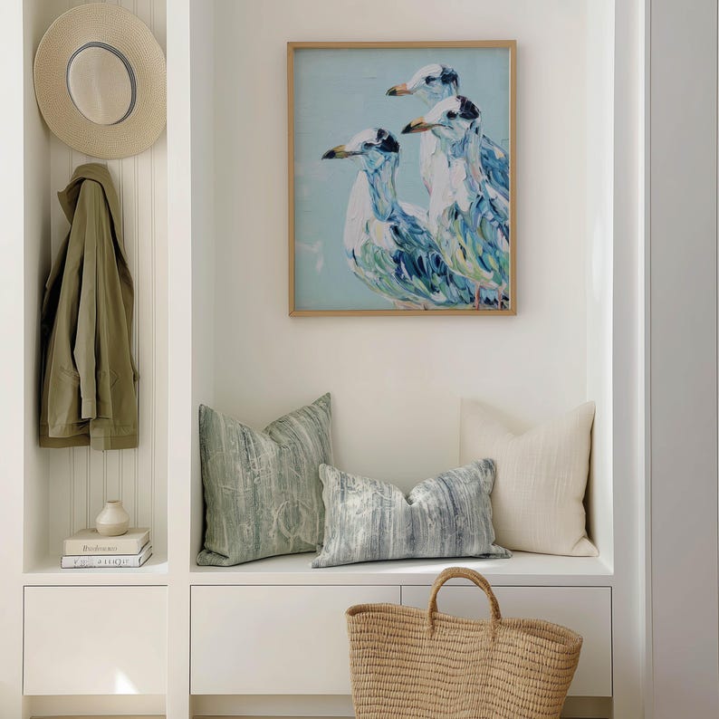 Coastal Bird Art Print – Digital Seagull Trio Painting for Beach House ...
