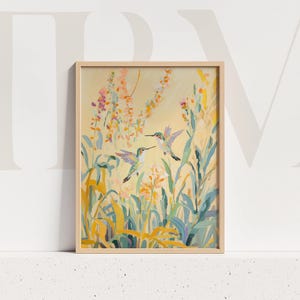 ハチドリのアートプリント、黄色の花柄、夏の絵画、質感のある自然アートワーク、植物、鳥、リビングルーム用ホームウォールデコレーション
