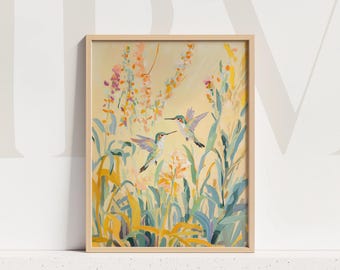 Hummingbird art print yellow floral summer painting textured nature artwork botanical bird home wall decor for living room