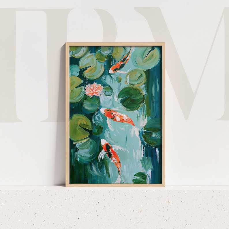 Koi Fish Lily Pond Wall Art Japanese Water Garden Painting Living Room ...