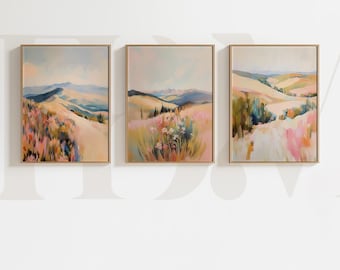 Conjunto de 3 impresiones de paisajes pastel, flores silvestres, prados, colinas y montañas, obras de arte, pinturas de naturaleza coloridas, campo botánico, decoración de pared para el hogar