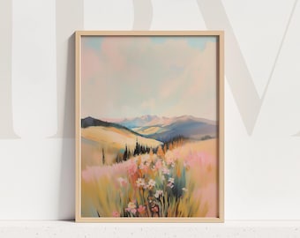 Wildflower Meadow Print: Pastel Mountain Landscape, Floral Nature Art (Digital Download