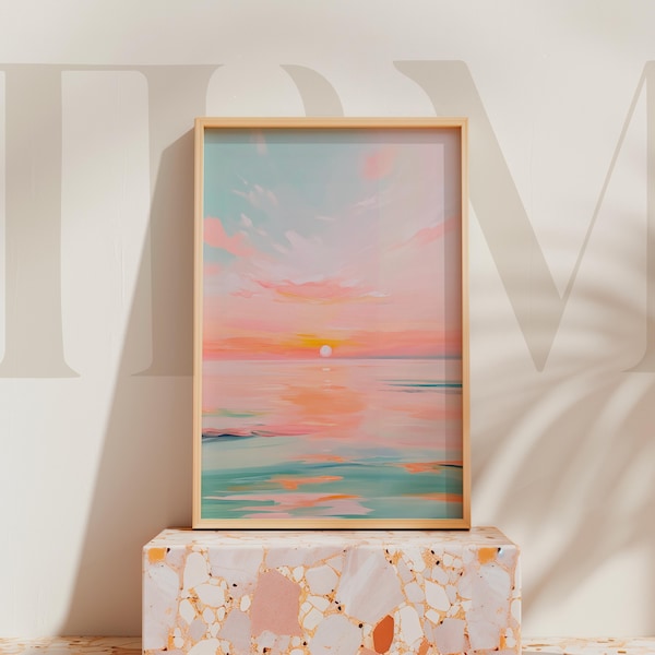 パステルサンセットオーシャンプリント：海岸沿いのビーチハウスウォールアート（デジタルダウンロード）