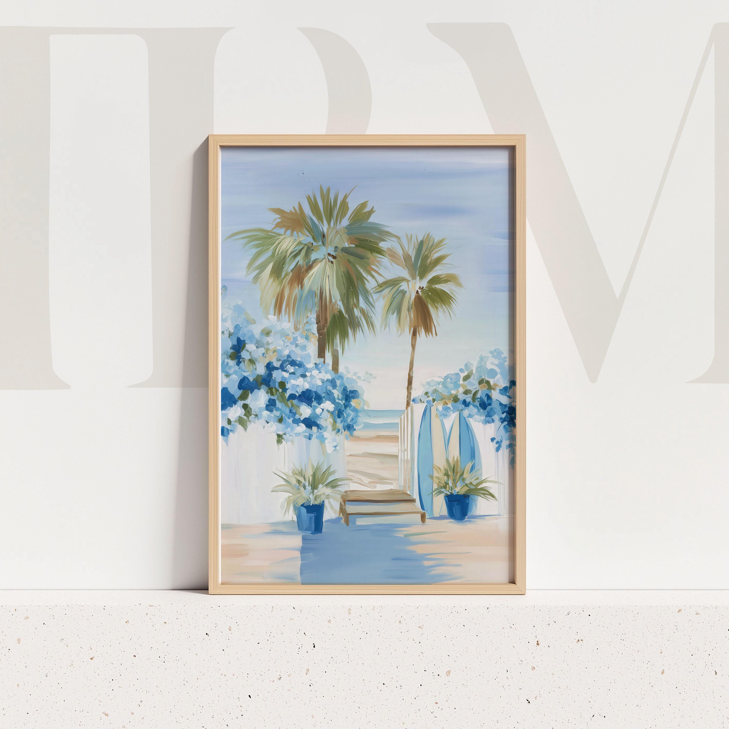 コースタルサーフボードアートプリント：ブルーフローラルビーチゲート