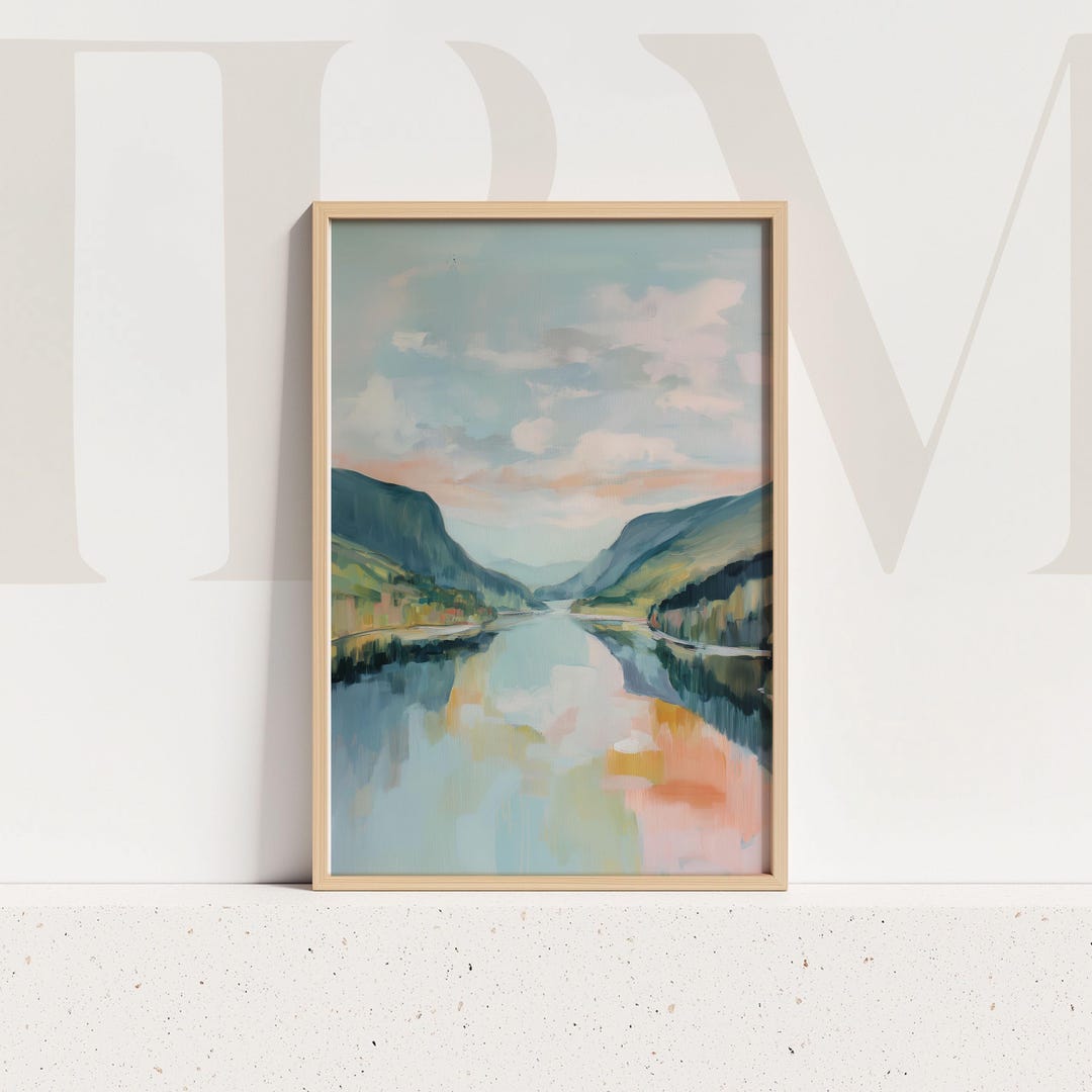 Pastel Mountain Lake Wall Art Print Scenic Nature Painting Calm Water ...