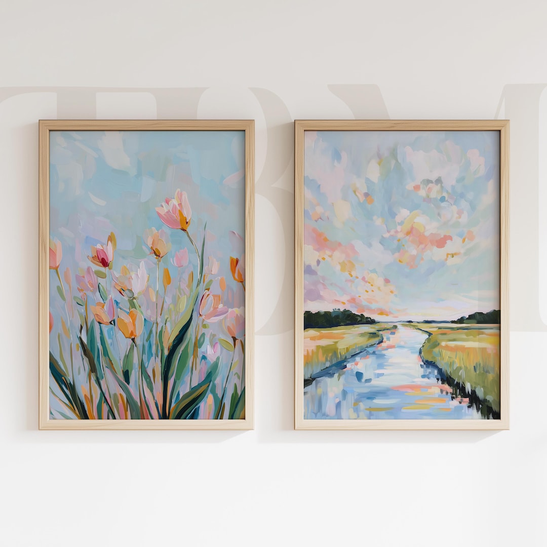 Pastel Tulip Landscape River Meadow Floral Botanical Wall Art Spring ...