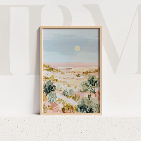 Lámina artística de paisaje desértico: Cactus ruborizado, paisaje iluminado por la luna (descarga digital)