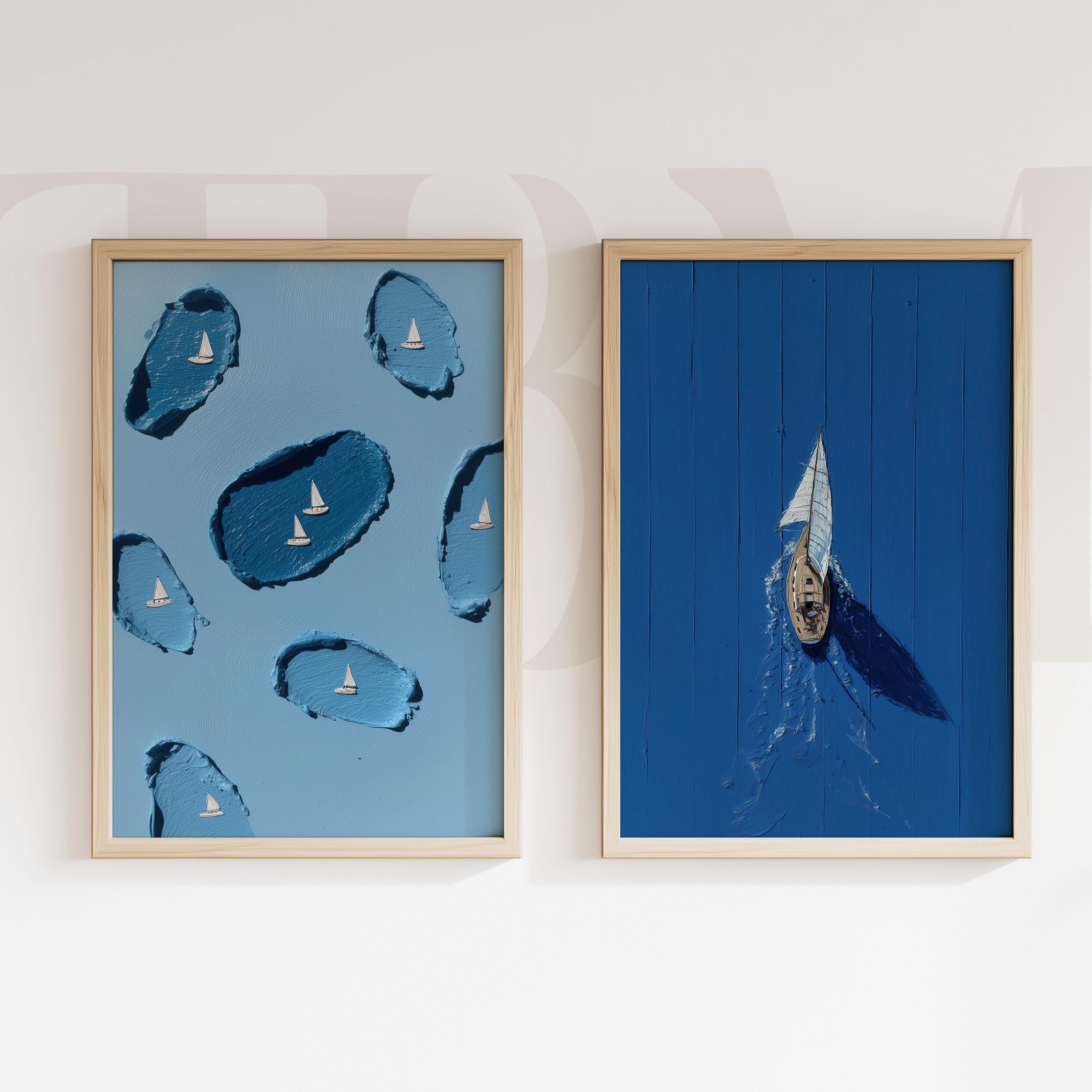 Coastal Sailboat Print Set: Blue Nautical Beach Decor (digital Download ...