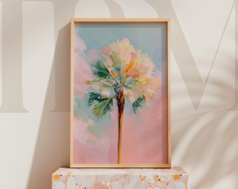 Pastellfärgad palmträdskonsttryck: Blush & Aqua kustdekor (digital nedladdning)