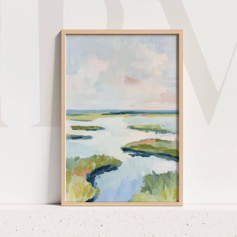 Coastal Marsh Landscape Painting Serene Water Horizon Wetlands Pastel Sky Seaside Artwork Print image 1