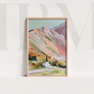 Pastel Mountain Landscape Print: Countryside Valley House (Digital Download)
