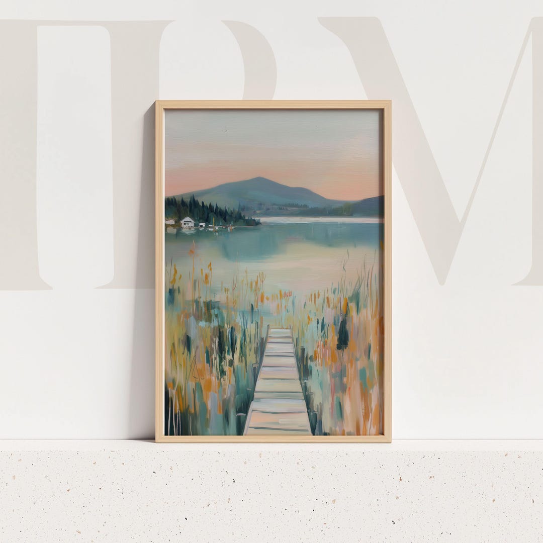 Pastel Lake Dock Wall Art Print Mountain Waterscape Artwork Serene View ...