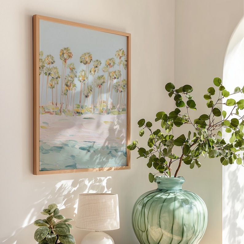 Coastal Palm Tree Wall Art Pastel Beach Painting Soft Summer Home Decor ... - Palm Tree Coastal Wall Art