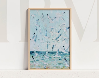 Impresión artística costera de gaviotas, obra de arte de aves, pintura oceánica, cielo azul, escena costera