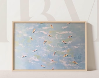 Impresión artística de surfistas: pintura aérea costera, océano, verano, paisaje costero, surf, playa, textura