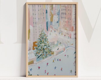 May include: A framed art print depicts an outdoor ice skating scene with a large Christmas tree. The artwork features a light color palette with pink, blue, and white hues. People are skating on the ice, and buildings are in the background.
