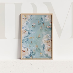 Coastal Beach Day Print Pastel Swimmers Umbrellas Wall Art Ocean Decor Summer Illustration