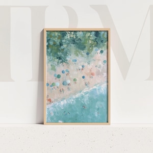 Aerial Beach Umbrella Print, Coastal Wall Art, Seaside Summer Painting, Turquoise Ocean Poster, Tropical Decor, Beach House Artwork