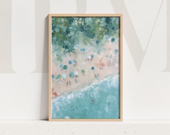 Aerial beach umbrella wall art print turquoise coastal painting summer ocean view aerial seashore parasol artwork modern beach day decor