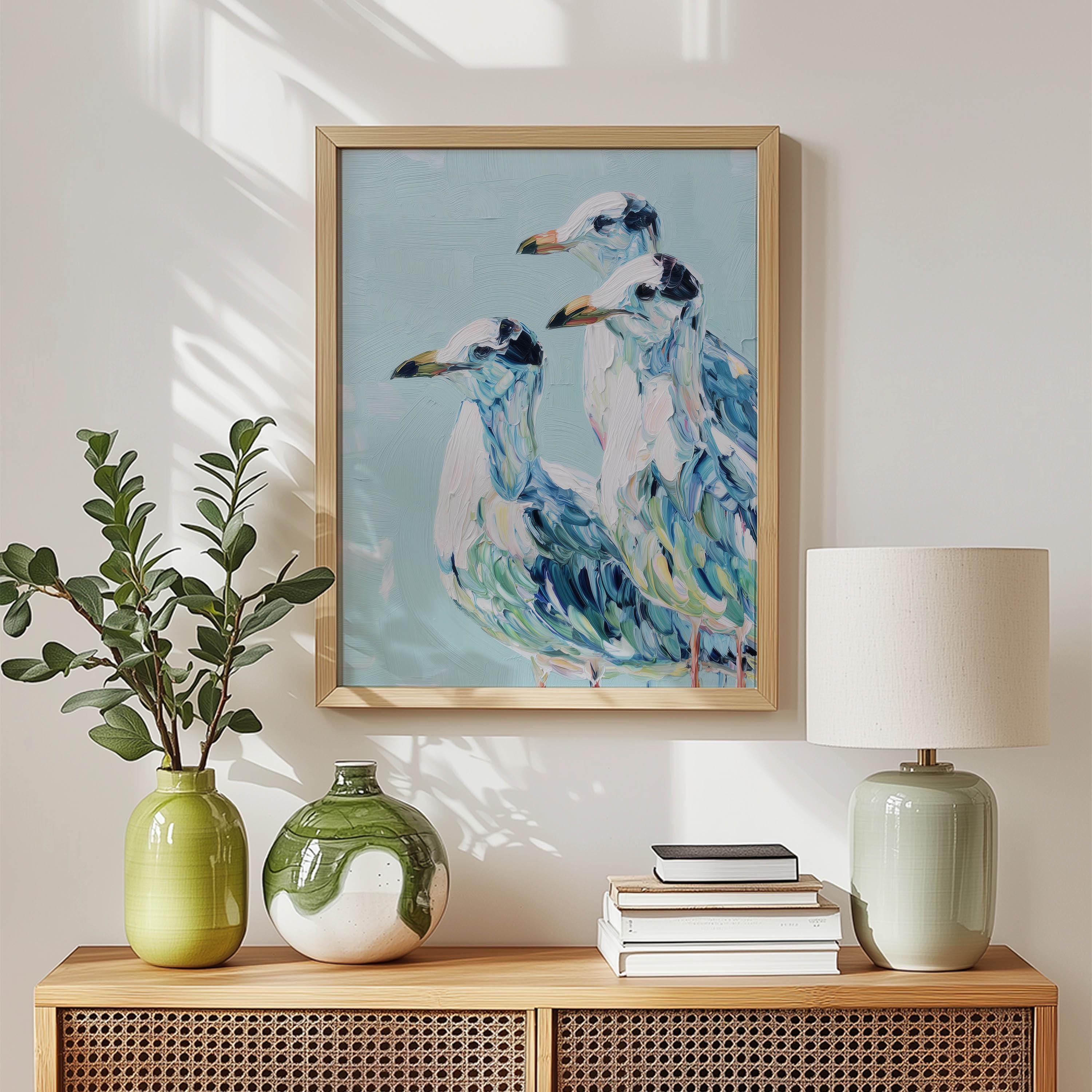Coastal Bird Art Print – Digital Seagull Trio Painting for Beach House ...