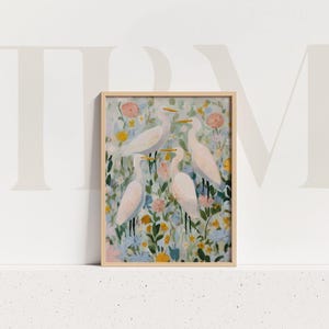 White Herons Art Print Floral Painting: Abstract Bird Impressionist Botanical Nature Spring Summer Decor