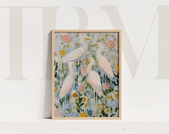 White Herons Art Print Floral Painting: Abstract Bird Impressionist Botanical Nature Spring Summer Decor