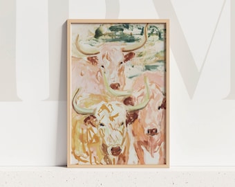 Abstract longhorn wall art print pink orange western bull painting southwestern desert ranch artwork rustic boho decor modern home wall