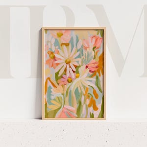 Peach & Pink Daisies Art Print: Modern Floral Wall Decor (Digital Download