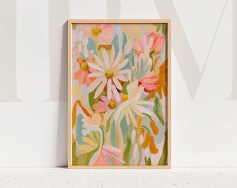 Peach pink daisies wall art print modern floral painting colorful botanical artwork textured flower home wall decor living room