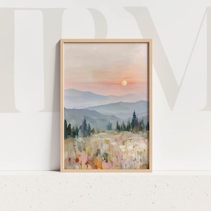Sunset landscape print modern wall art abstract mountain painting pastel field decor nature artwork