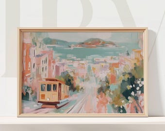 Pastell San Francisco City Malerei Cable Car Küstenlandschaft Wand Kunst Druck