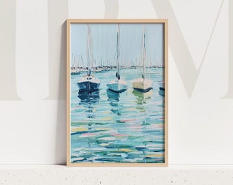 Sailboat Marina Harbor Art Print – Digital Coastal Painting with Boats and Reflections