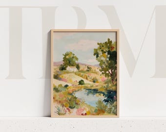 Countryside Landscape Wall Art – Pastel Impressionist Nature Print, Wildflower Meadow Painting, Cottagecore Digital Artwork
