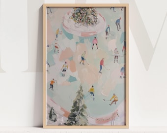 May include: A framed art print featuring an abstract winter scene with figures playing hockey on a frozen pond. The artwork has a light color palette with pastel pink, blue, and green hues. A Christmas tree is in the background.