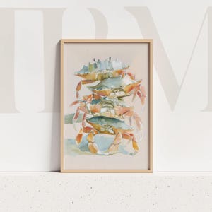 Stampa acquerello di un granchio: arte murale costiera pastello (download digitale)