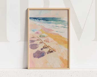Arte de pared con sombrilla de playa costera, decoración de verano en tonos pastel, imprimible, inspirado en el océano, para el hogar.